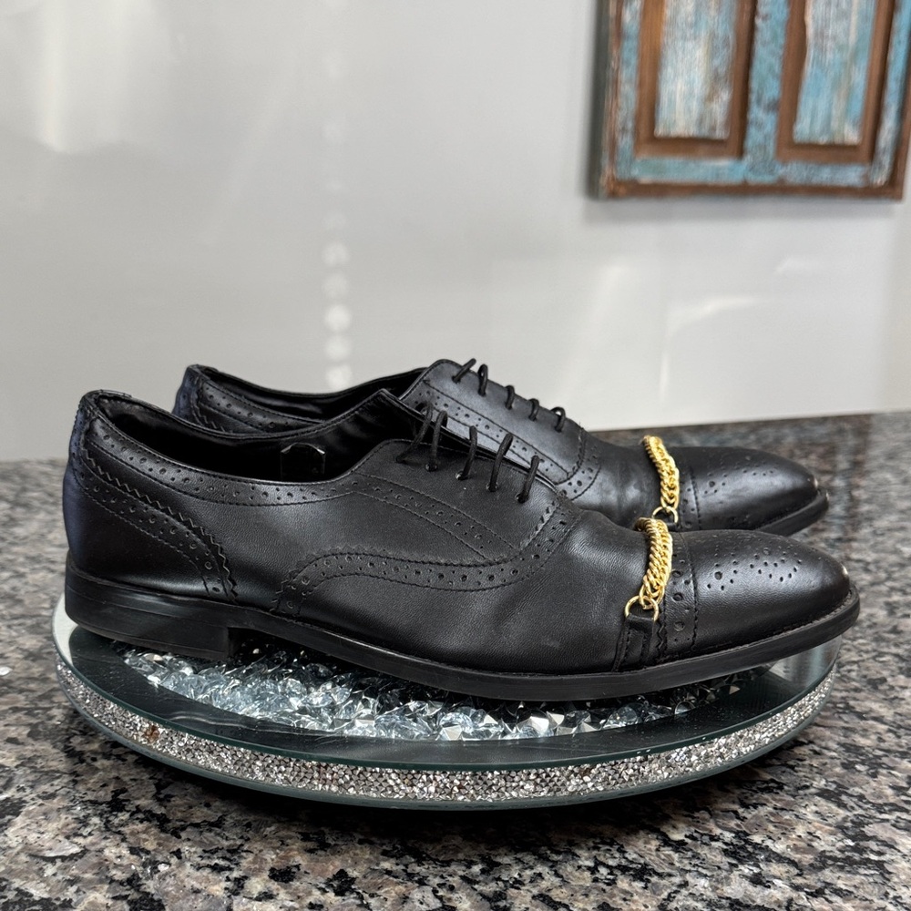 Black Leather Oxfords with Gold Chain Detail